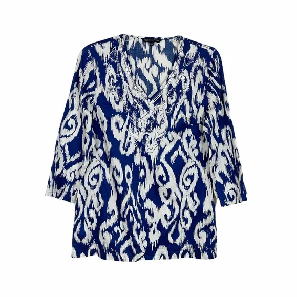 “346” Brooks Brothers Navy Blue/White Print Tunic Bead and Sequin Detail Size S - Picture 2 of 7